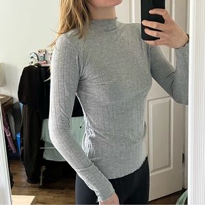 Grey Long Sleeve Mock Neck Lettuce Edge Top